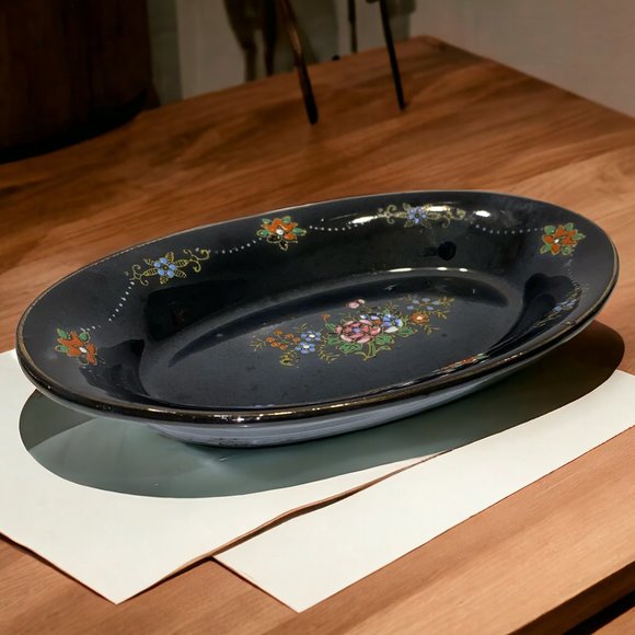 Vintage Oval Black Ceramic Hand Painted Floral Dish Plate Japan *read* - Picture 2 of 6